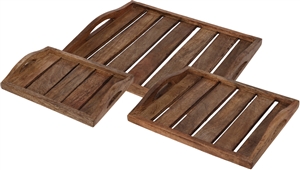 Set Of 3 Slated Wood Trays With Handles