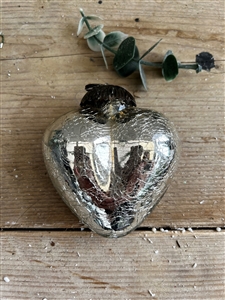 Thick Crackled Glass Hanging Heart Dec - Silver