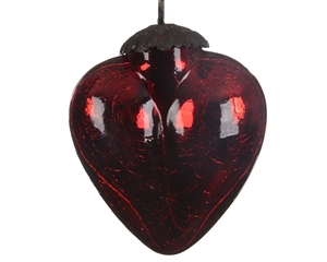 Thick Crackled Glass Hanging Heart Dec - Red