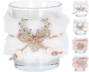 Glass Tealight Holder With Fur 7cm - 4 Assorted, SOLD IN 24'S