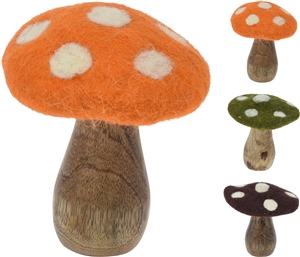 3asst Medium Wood And Plush Mushroom 12cm