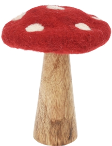 Large Red Wood And Plush Mushroom 18cm