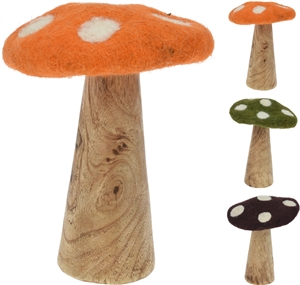 3asst Large Wood And Plush Mushroom 18cm