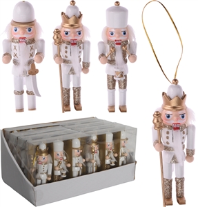Set Of 3 White And Gold Nutcracker Hanging Decorations 12cm