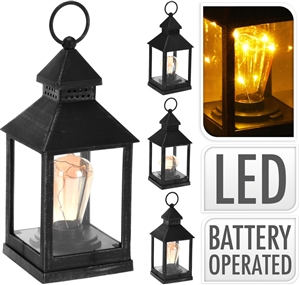 Black Lantern With PP Bulb 24cm - 3 Assorted Bulb Designs. Priced Individually.