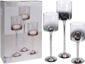 Set Of 3 Tall Glass Candle Holders With Silver Finish