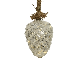 Silver LED Pinecone On Rope Hanging Decoration