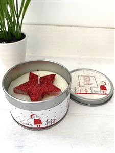 Red Santa Candle Tin With Gold Glitter Star - Cinnamon & Clove