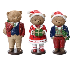 3asst Festive Bears Standing On Round Base 14cm