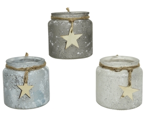 Frosted Glass Candle Holder with Wooden Star 3 Asst