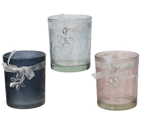 3asst Frosted Glass Tealight Holder With Ribbon 8.3cm