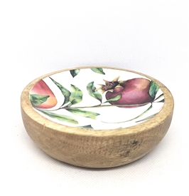 Round Wood Dish With Pomegranate Enamel Top