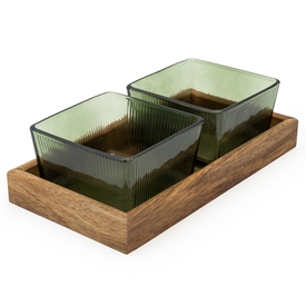 Acacia Wood Tray With Sqaure Glass Bowls