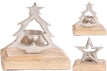 Festive Silver Tealight Holder On Wooden Base 2 Assorted 11cm