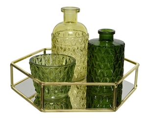 4 Piece Glass Tray And Decorative Green Glass And Bottles Set- 22cm