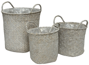 Set Of 3 White Sea Grass Baskets With Liner- Assorted Sized Set- 24cm