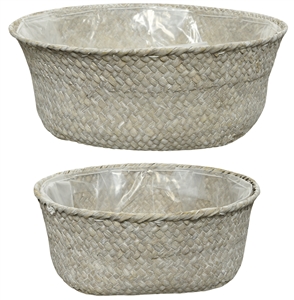 Set Of 2 White Sea Grass Baskets With Liner- Assorted Sized Set- 30cm