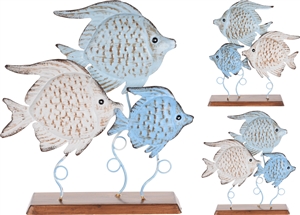 Round Metal Fish On Wooden Base 2 Assorted