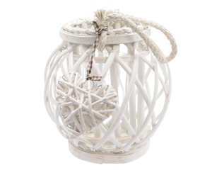 White Round Rattan Heart Lantern With Rope Handle- 23cm