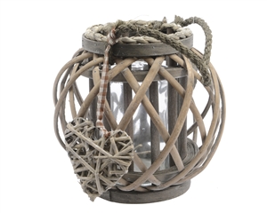 Grey Round Rattan Heart Lantern With Rope Handle- 23cm