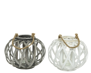 White And Grey Willow Lantern With Rope Handle- 17cm