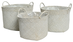 Set Of 3 White Sea Grass Baskets With Liner- Assorted Sized Set- 33cm