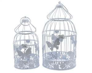 Set Of 2 White Iron Ornamental Birdcages- Assorted Sized Set- 34cm