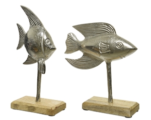 Silver Aluminium Tropical Fish Set On Mangowood Mount- 2 Assorted- 31cm