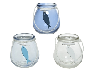 Decorative Glass Jar With Wooden Hanging Fish- 3 Assorted