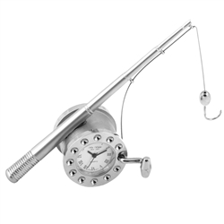 Fishing Pole Silver Miniature Clock 10.5x4cm