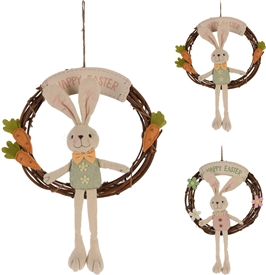 2asst Rattan Wreath With Rabbit 34cm