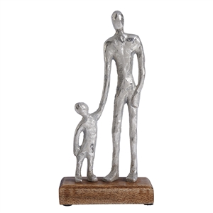 Aluminium Father And Child On Wooden Base 26cm