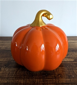 DUE EARLY AUGUST Large Ceramic Pumpkin With Gold Stalk 14cm - Orange