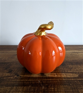 DUE EARLY AUGUST Medium Ceramic Pumpkin With Gold Stalk 11cm - Orange