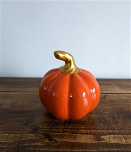 DUE EARLY AUGUST Small Ceramic Pumpkin With Gold Stalk 8cm - Orange