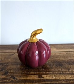 DUE EARLY AUGUST Small Ceramic Pumpkin With Gold Stalk 8cm - Plum