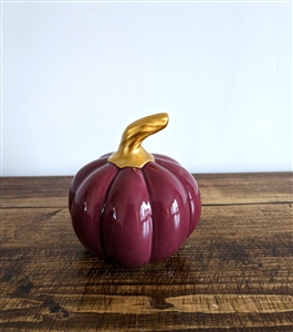 DUE EARLY AUGUST Small Ceramic Pumpkin With Gold Stalk 8cm - Plum