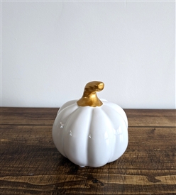 DUE EARLY AUGUST Small Ceramic Pumpkin With Gold Stalk 8cm - White