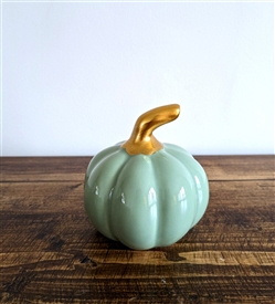 DUE EARLY AUGUST Small Ceramic Pumpkin With Gold Stalk 8cm - Green