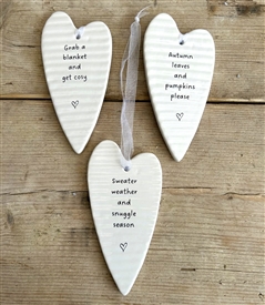DUE EARLY AUGUST 3asst Ceramic Hanging Heart Message Plaques 11.5cm - Autumn