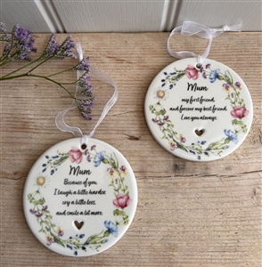 DUE MID JANUARY - 2asst English Wildflowers Porcelain Disc Hanger - Mum