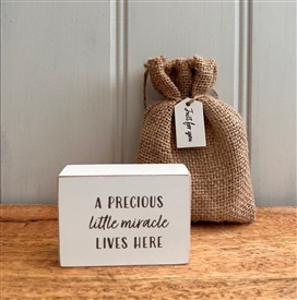 DUE MID JANUARY - Wooden Gratitude Block with Hessian Gift Pouch 7x5cm - Baby