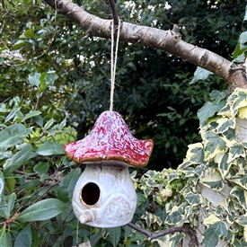 Red & White Variable Glaze Ceramic Mushroom / Toadstool - Birdhouse