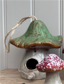 Green Variable Glaze Ceramic Mushroom / Toadstool - Birdhouse