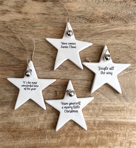 4asst Ceramic Star Plaque Hangers with Silver Bell 8cm