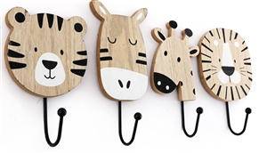 4asst Wooden Animal Wall Hooks 19cm