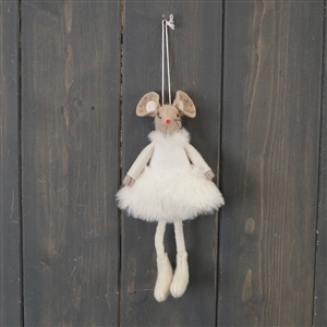 White Fabric Hanging Mouse With Skirt 15cm