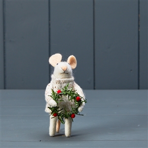 Standing Wool Mouse With Wreath 12 cm