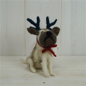 Woollen Sitting Dog With Antlers 11cm