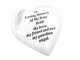 White Remembrance Heart With Silver Feather - Dad 15cm